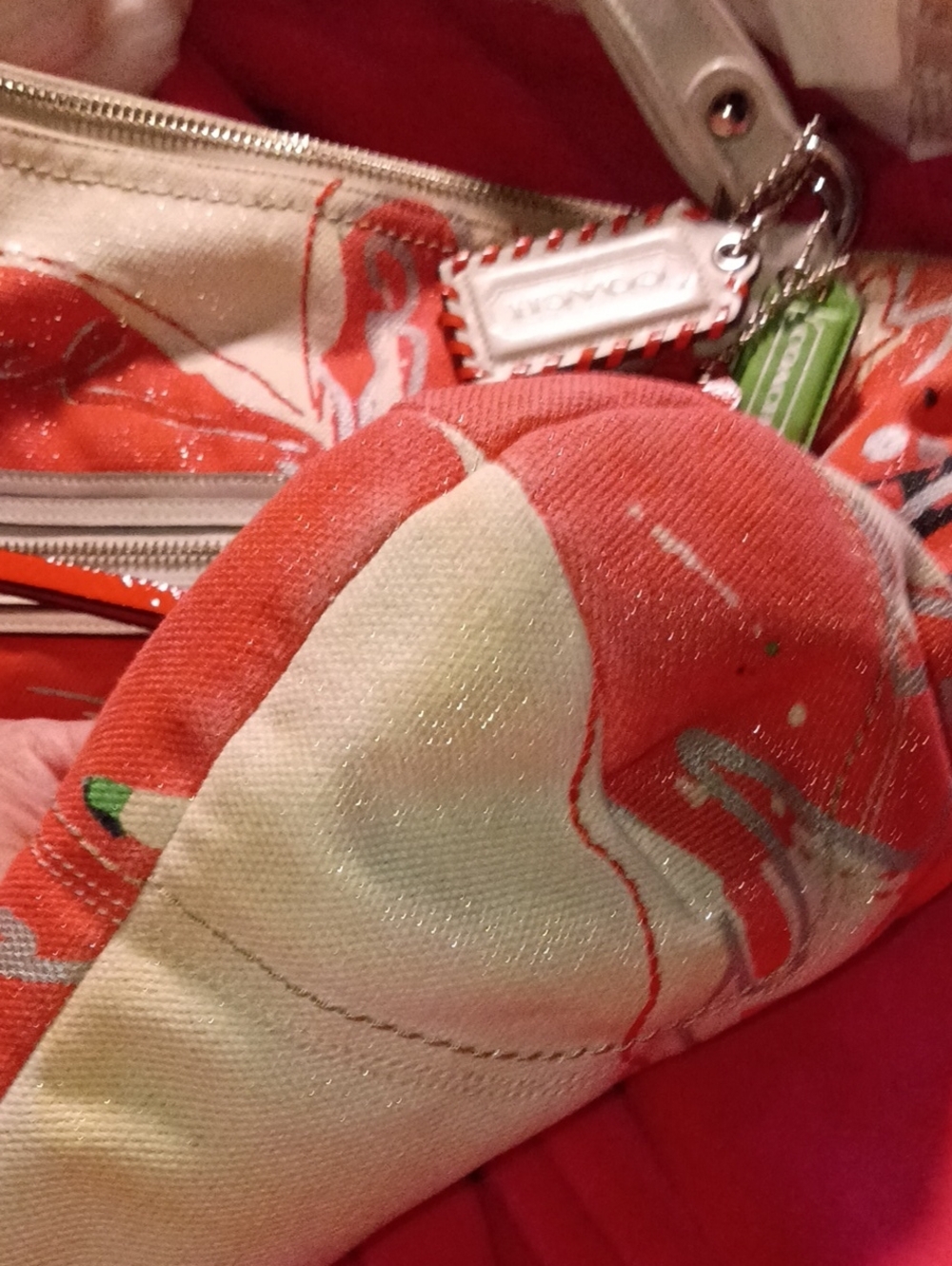 Coach Poppy Flower Tote with White Handles and Green Tag - Picture 6 of 11